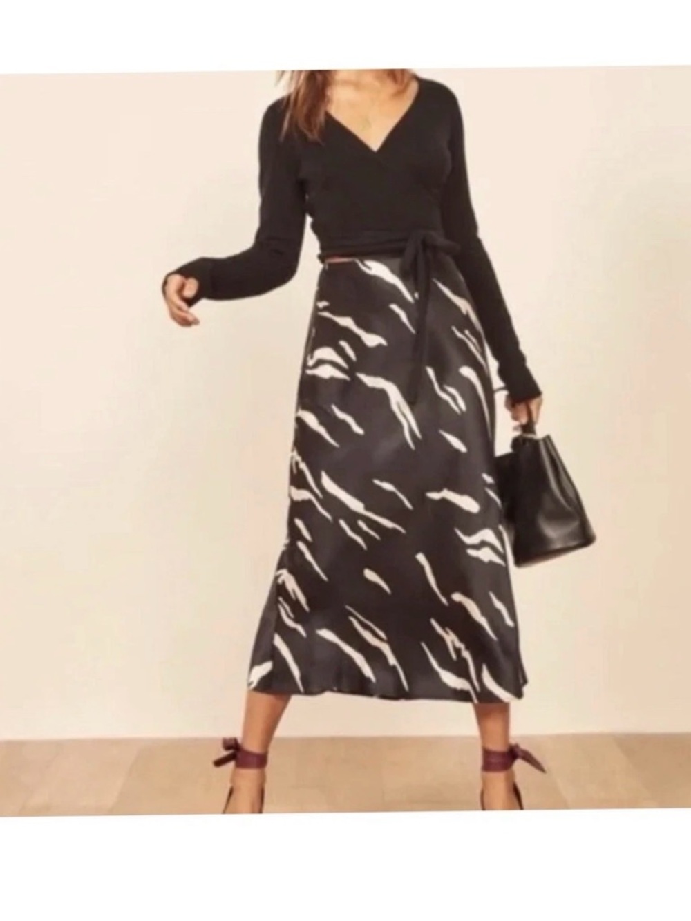 Reformation Pratt slip skirt silk black cream 10